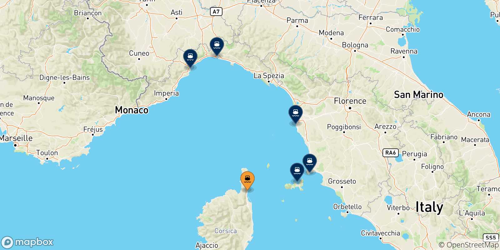 Map of the possible routes between Bastia and Italy