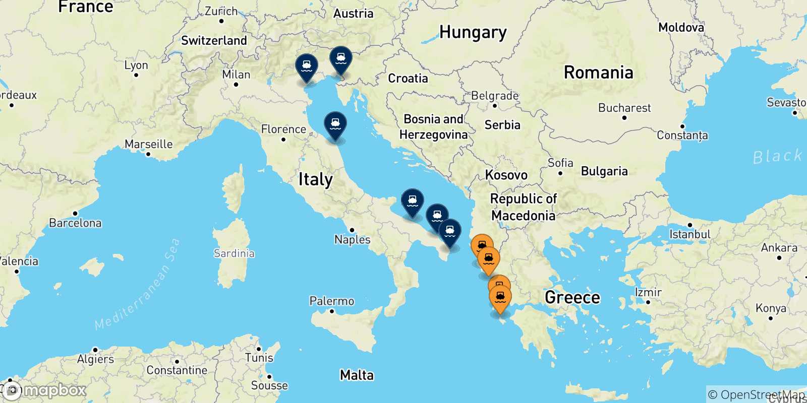 Map of the possible routes between Ionian Islands and Italy