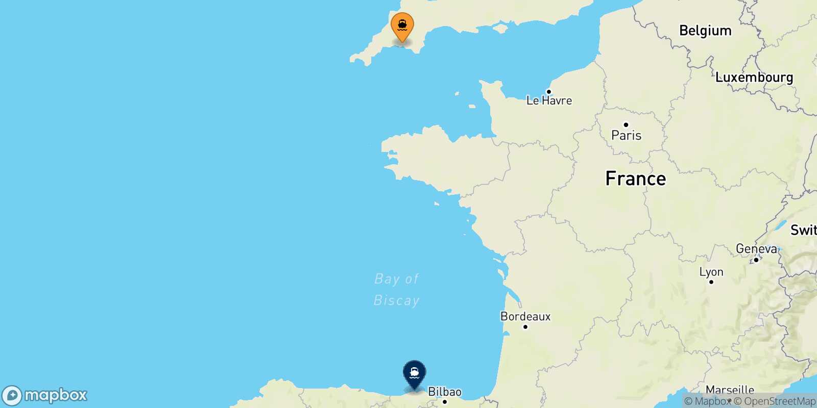 Map of the destinations reachable from Plymouth