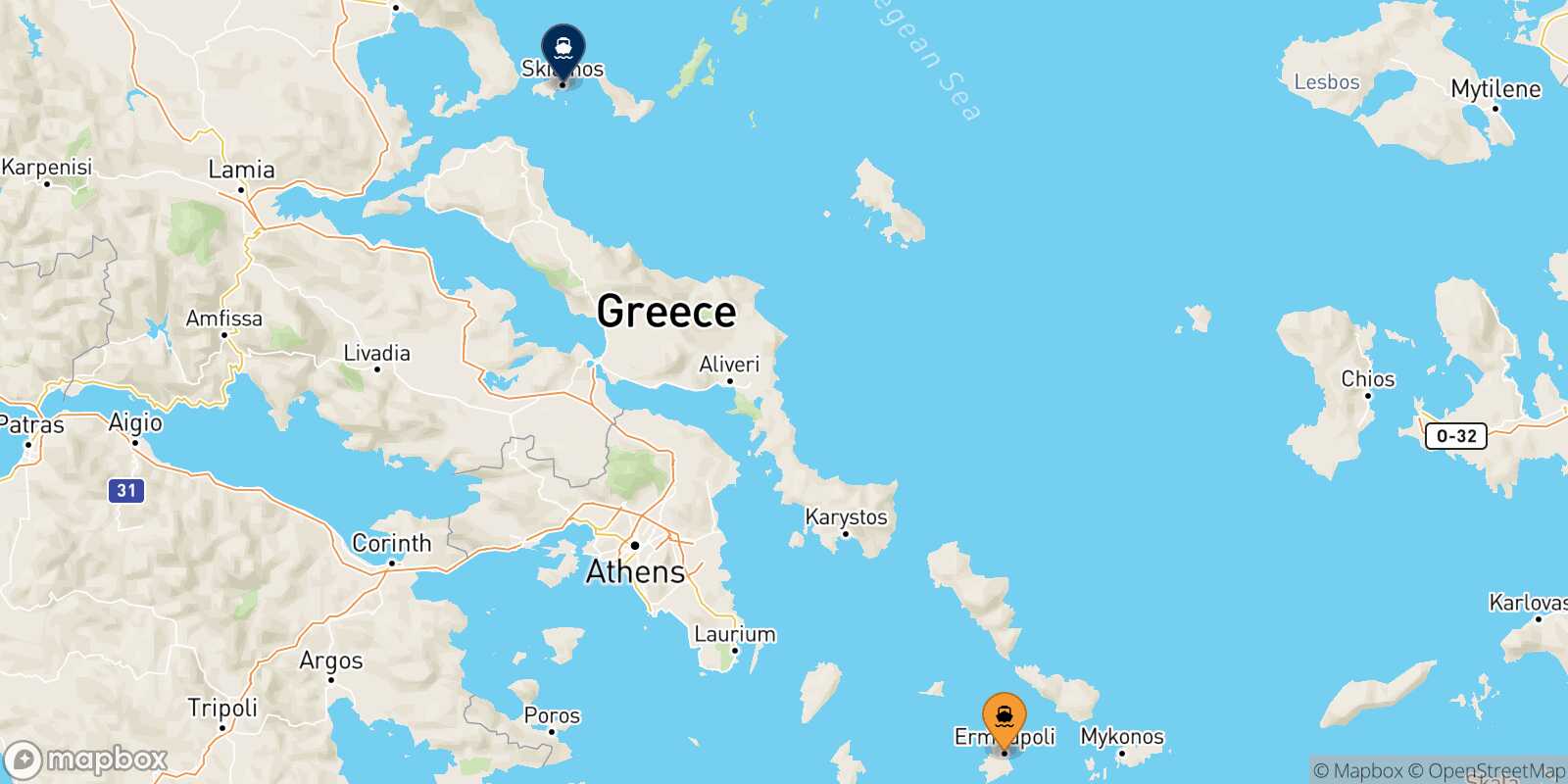 Map of the destinations reachable from Syros