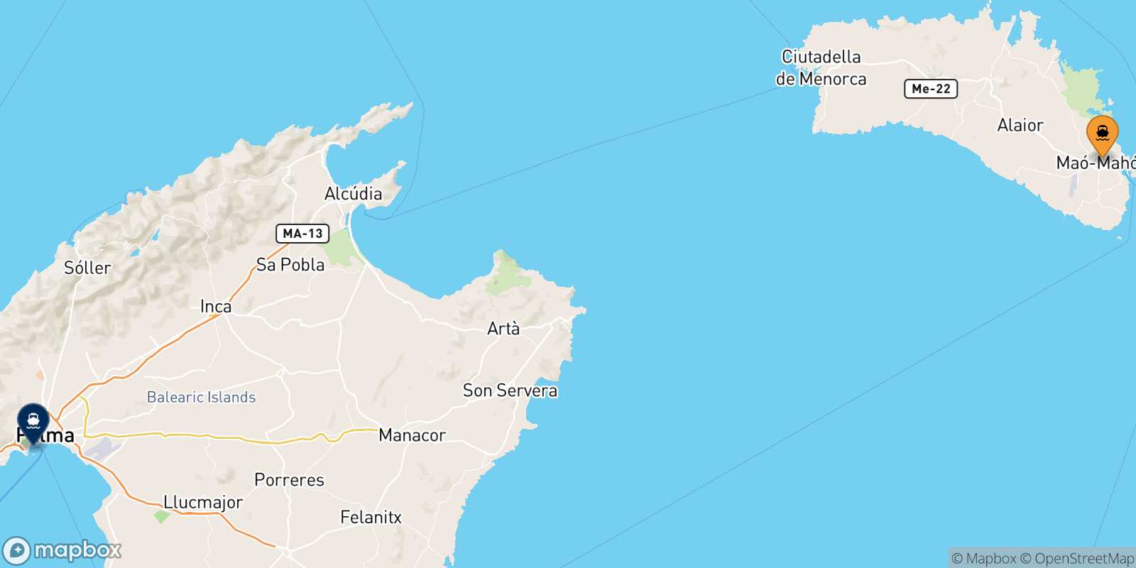 Mahon (Minorca) Palma route map