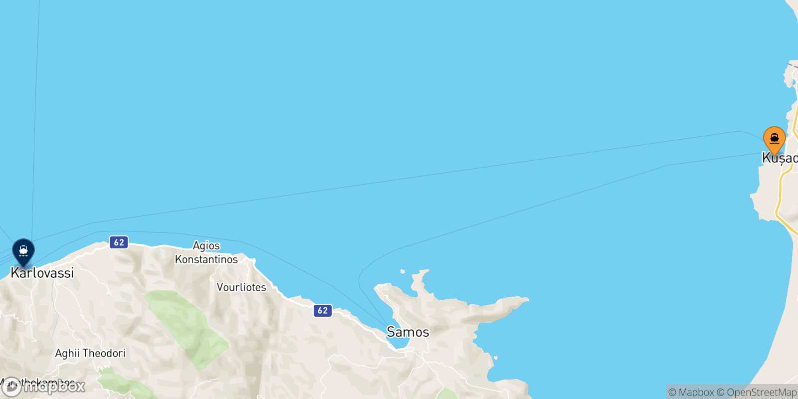 Map of the ports connected with  Pythagorio (Samos)