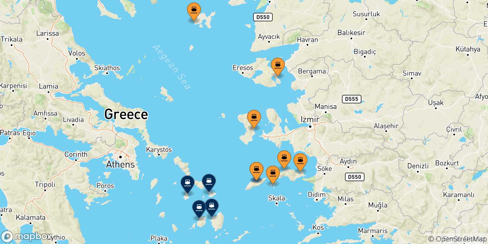 Map of the possible routes between Aegean Islands and Cyclades Islands