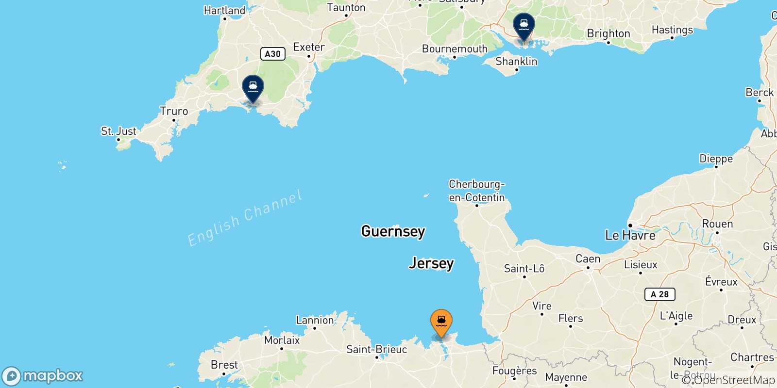 Map of the possible routes between St Malo and England