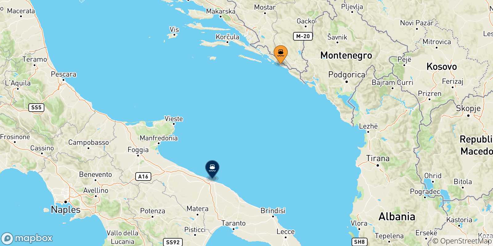 Map of the possible routes between Croatia and Bari