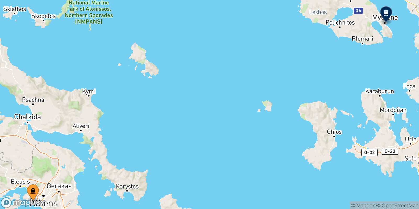 Piraeus Mytilene (Lesvos) route map