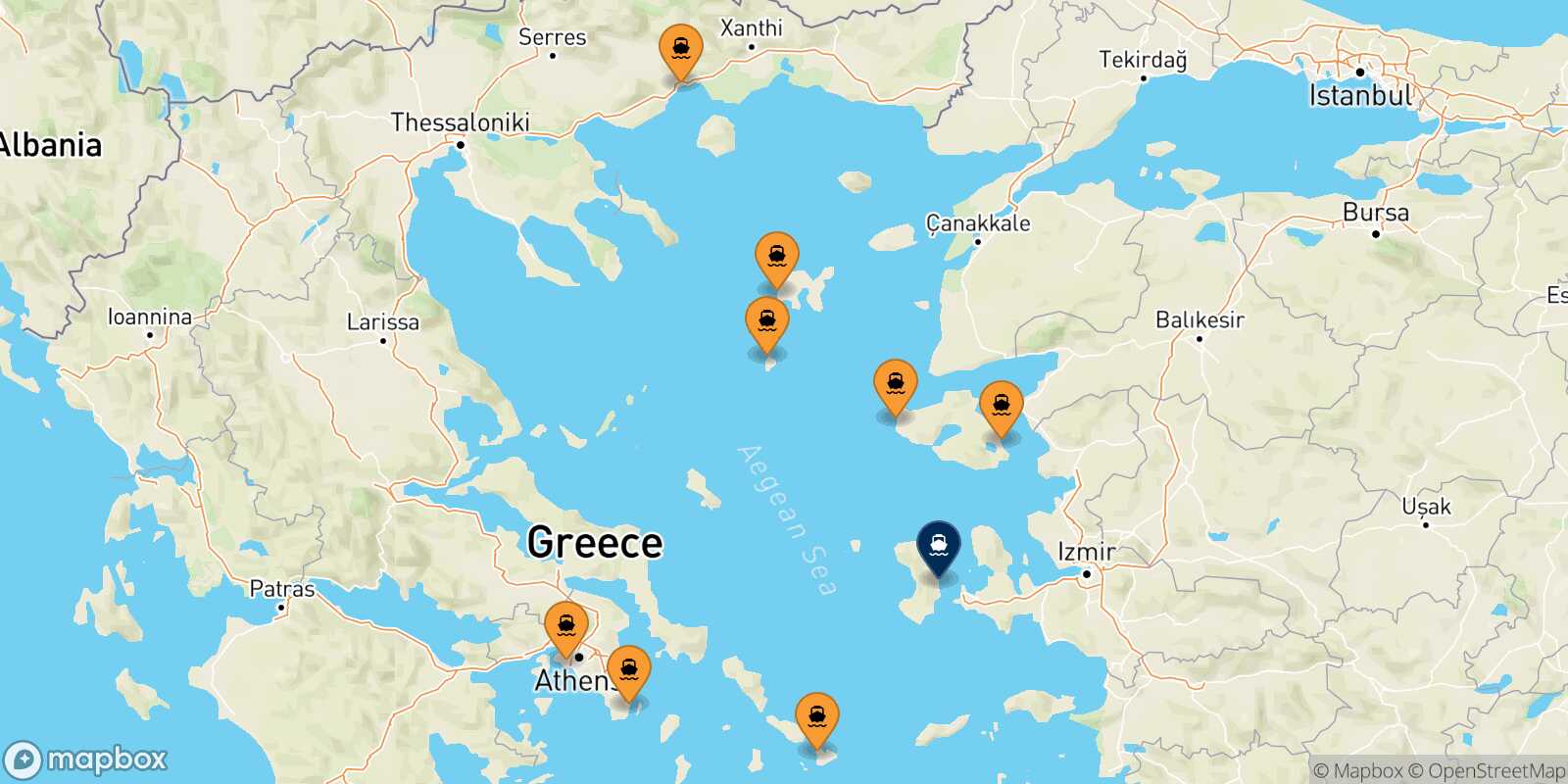 Map of the ports connected with  Mesta Chios