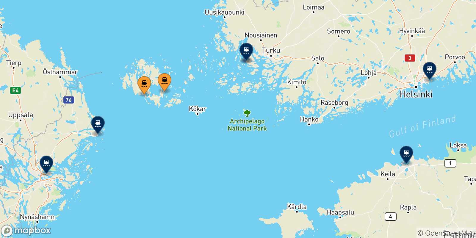 Map of the destinations reachable from the Aland Islands