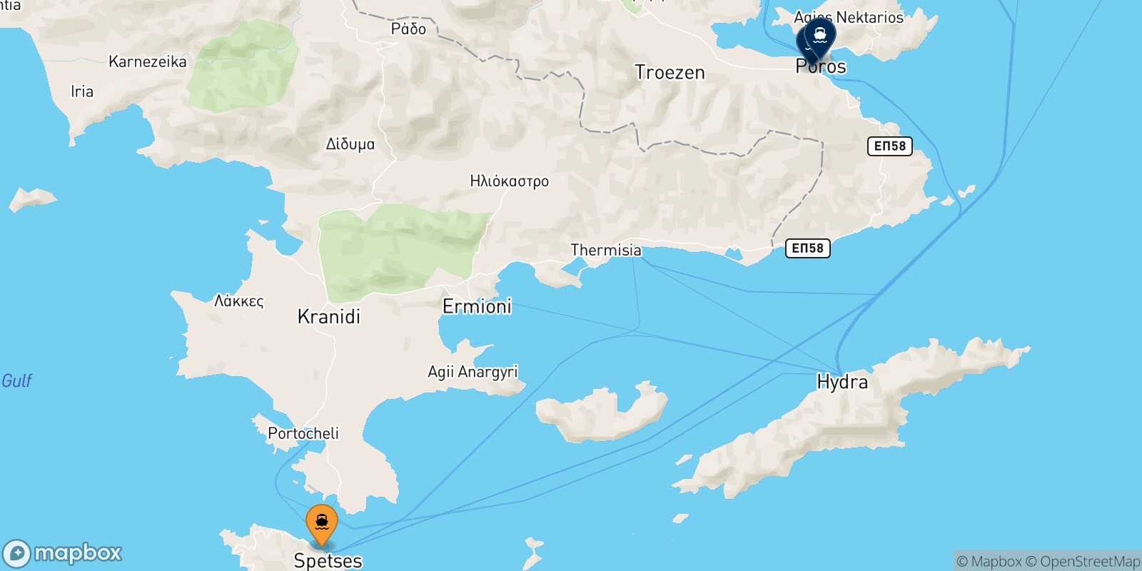 Map of the destinations reachable from Spetses