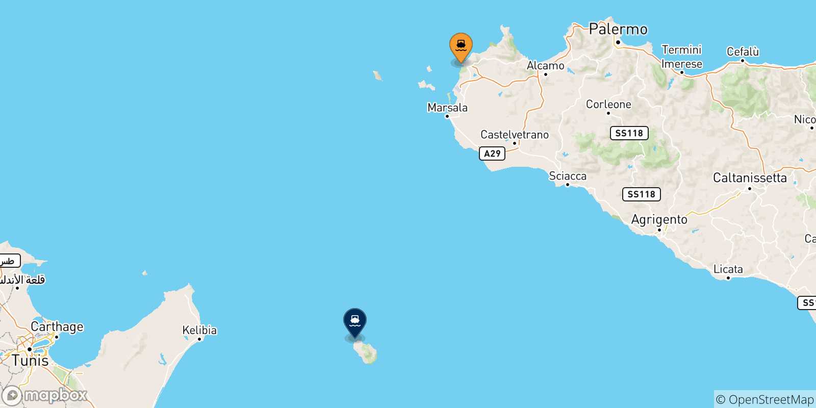 Map of the possible routes between Italy and Pantelleria Island