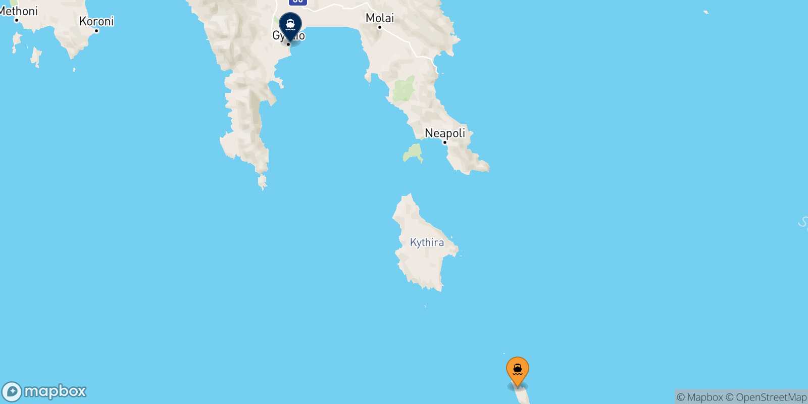 Antikythira Gythio route map