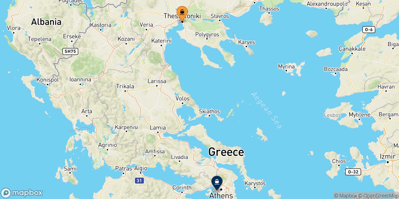 Thessaloniki Piraeus route map