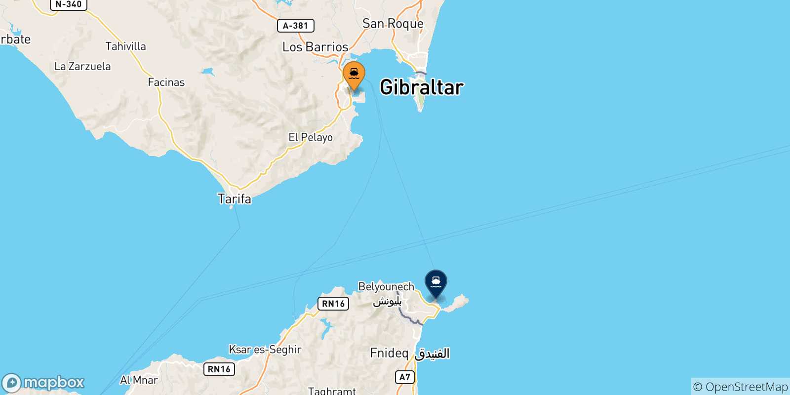 Map of the possible routes between Spain and Ceuta