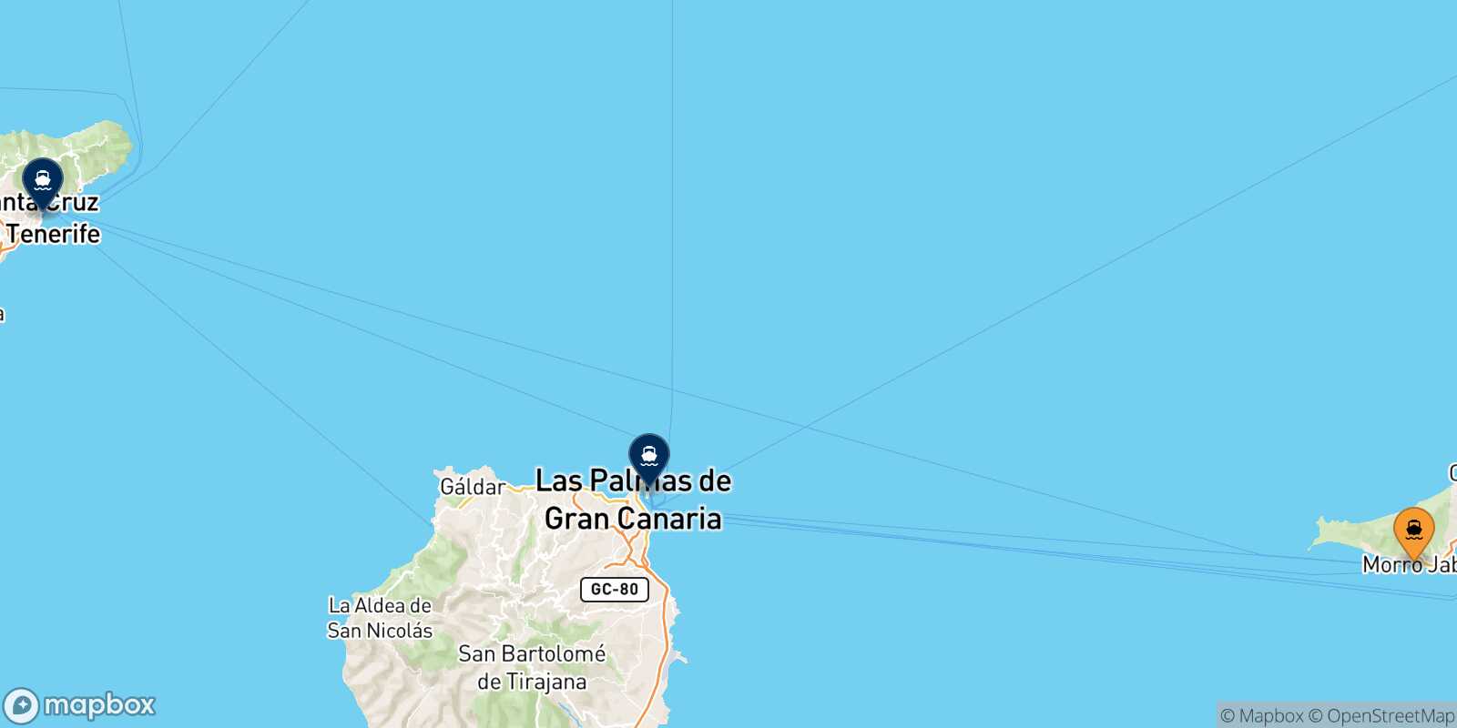 Map of the destinations reachable from Morro Jable (Fuerteventura)