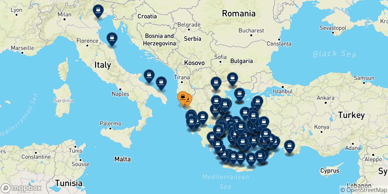 Map of the destinations reachable from Greece