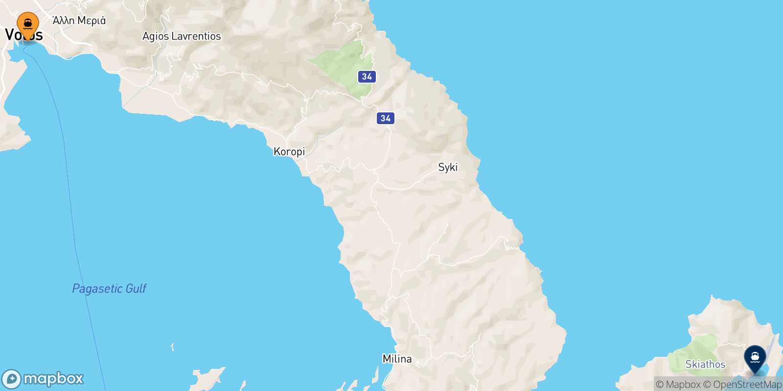Volos Skiathos route map