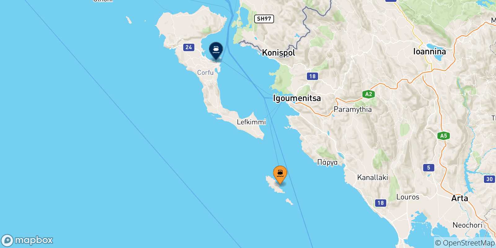 Map of the possible routes between Paxos and Greece