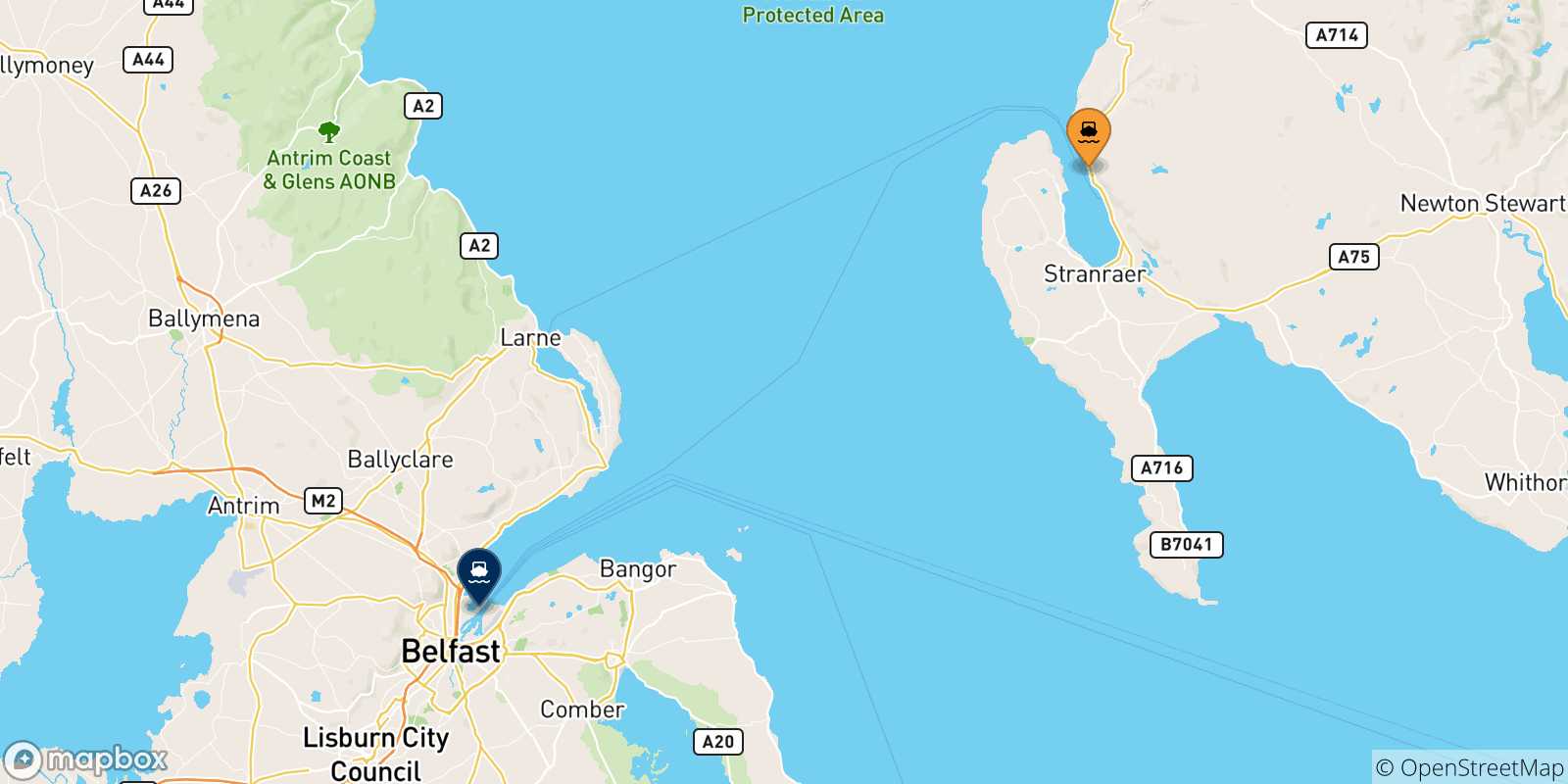 Map of the possible routes between Scotland and Belfast