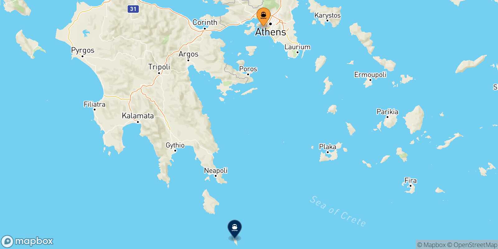 Piraeus Antikythira route map