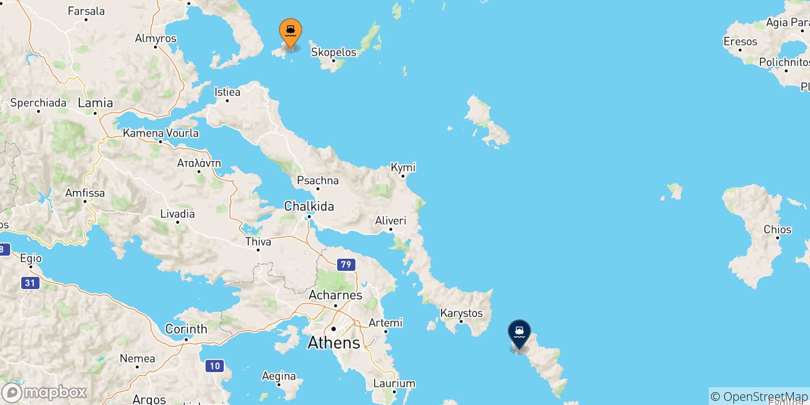 Map of the possible routes between Sporades Islands and Andros