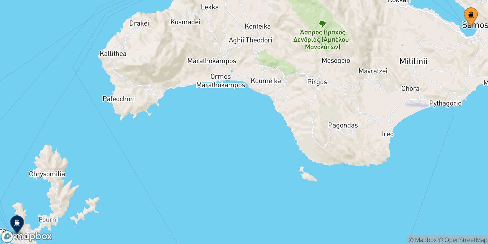 Vathi (Samos) Fourni route map