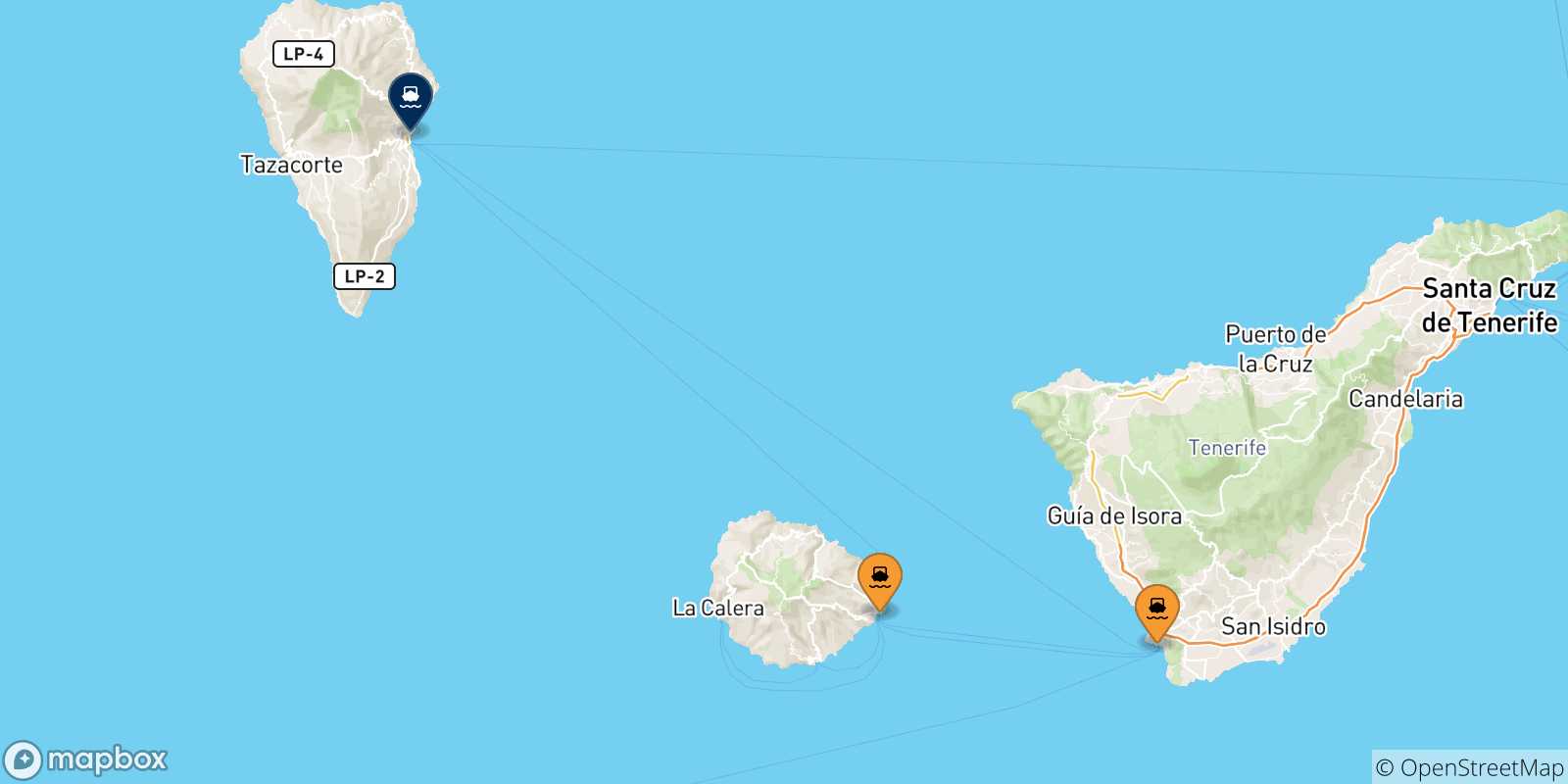 Map of the possible routes between Spain and Santa Cruz De La Palma