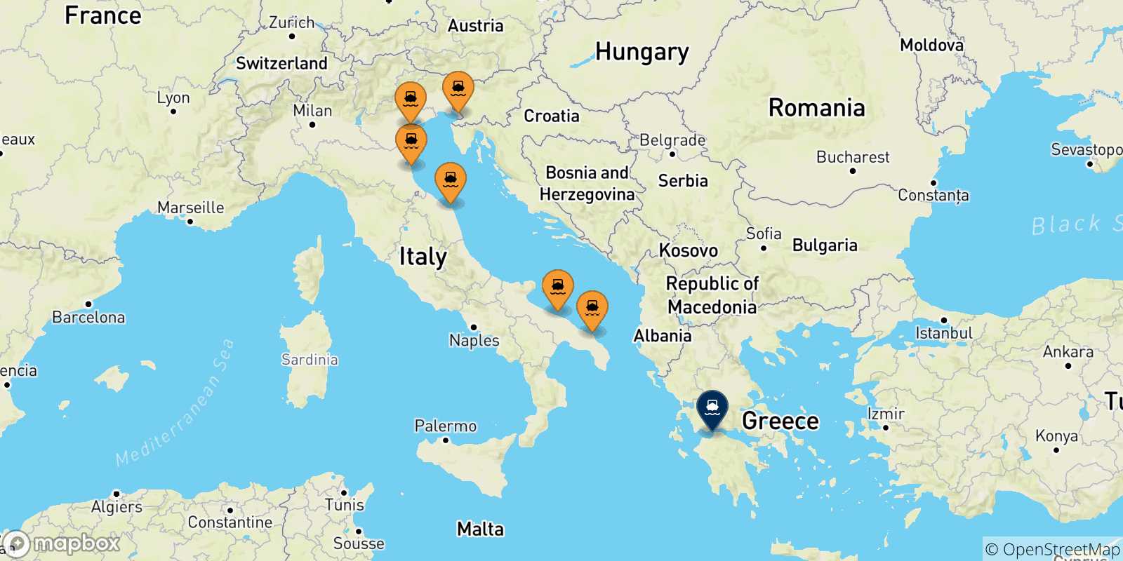 Map of the possible routes between Italy and Patras