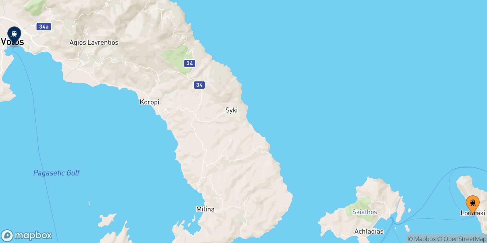 Agnontas (Skopelos) Volos route map