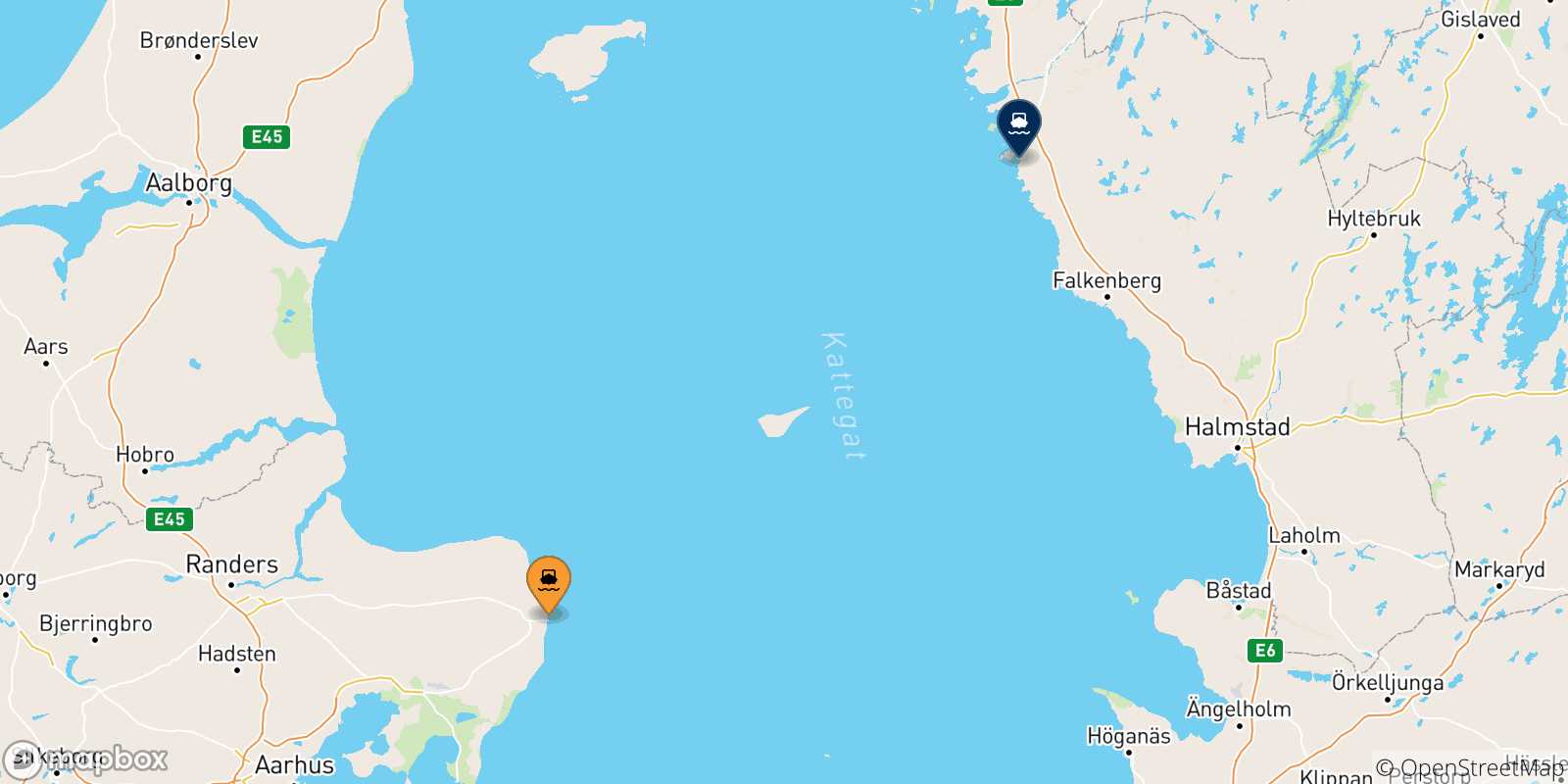 Map of the possible routes between Denmark and Varberg