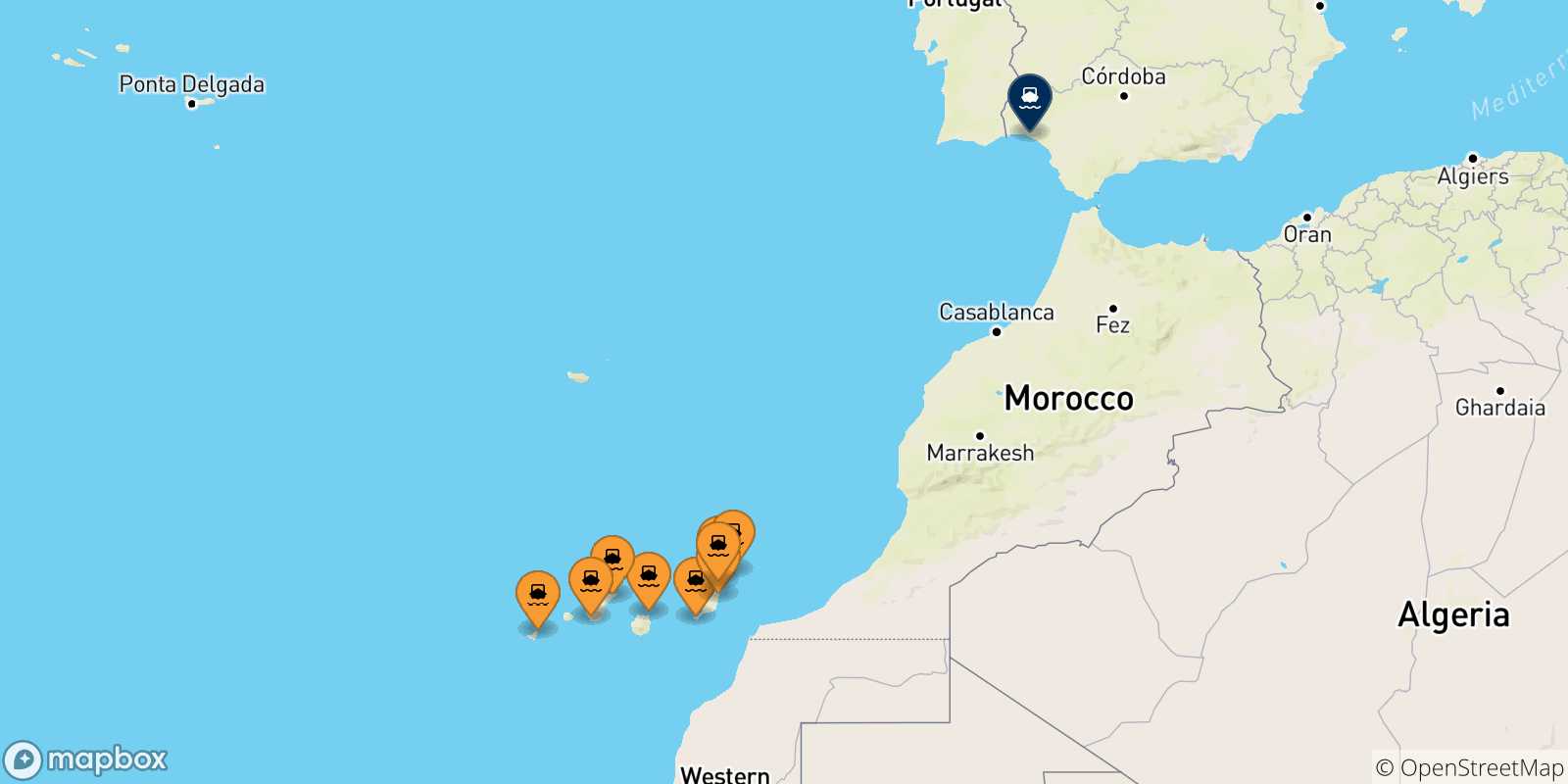 Map of the possible routes between Canary Islands and Spain