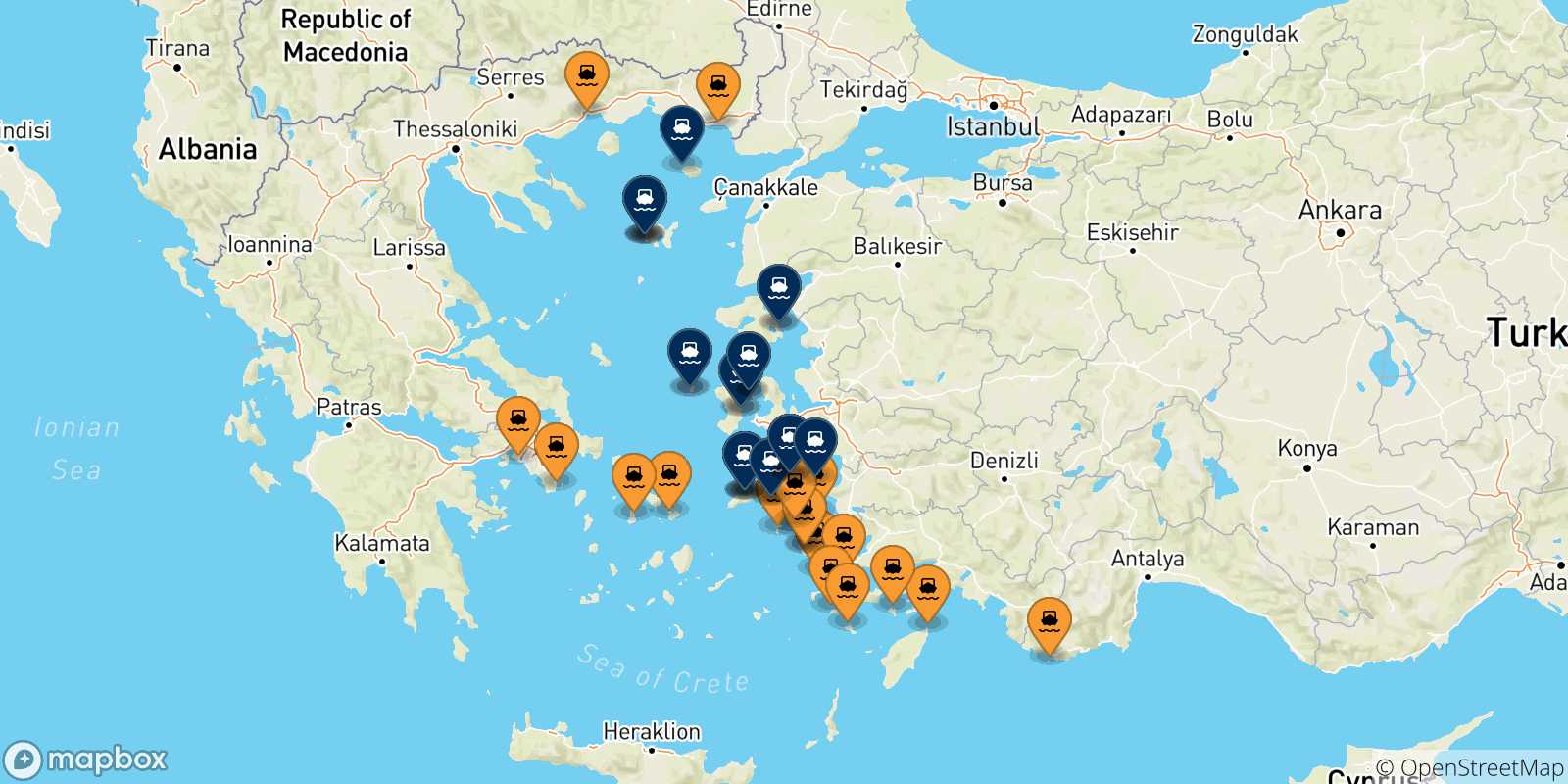 Map of the possible routes between Greece and Aegean Islands