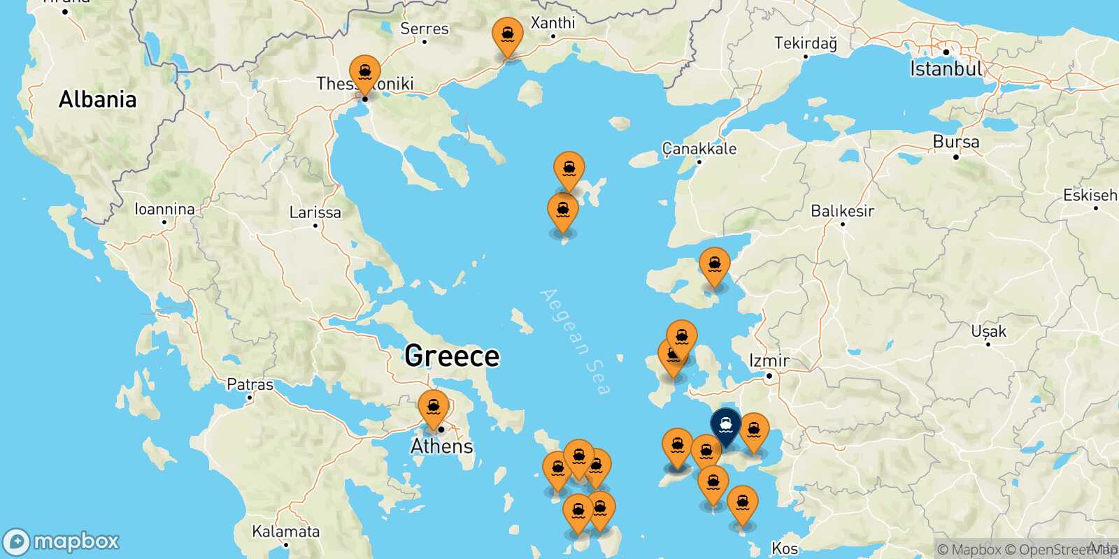 Map of the ports connected with  Karlovassi (Samos)