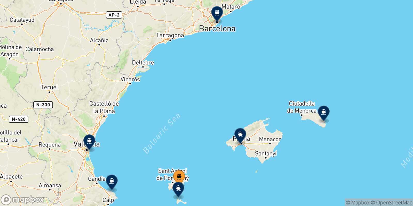 Map of the destinations reachable from Ibiza