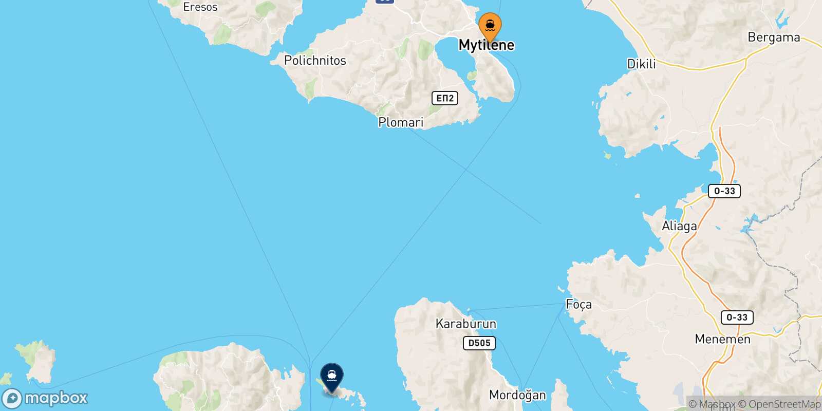 Mytilene (Lesvos) Inousses route map