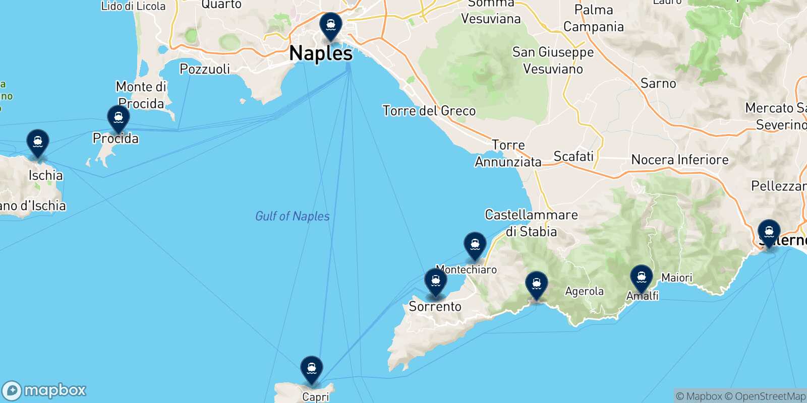 Map of the destinations reachable from Sorrento
