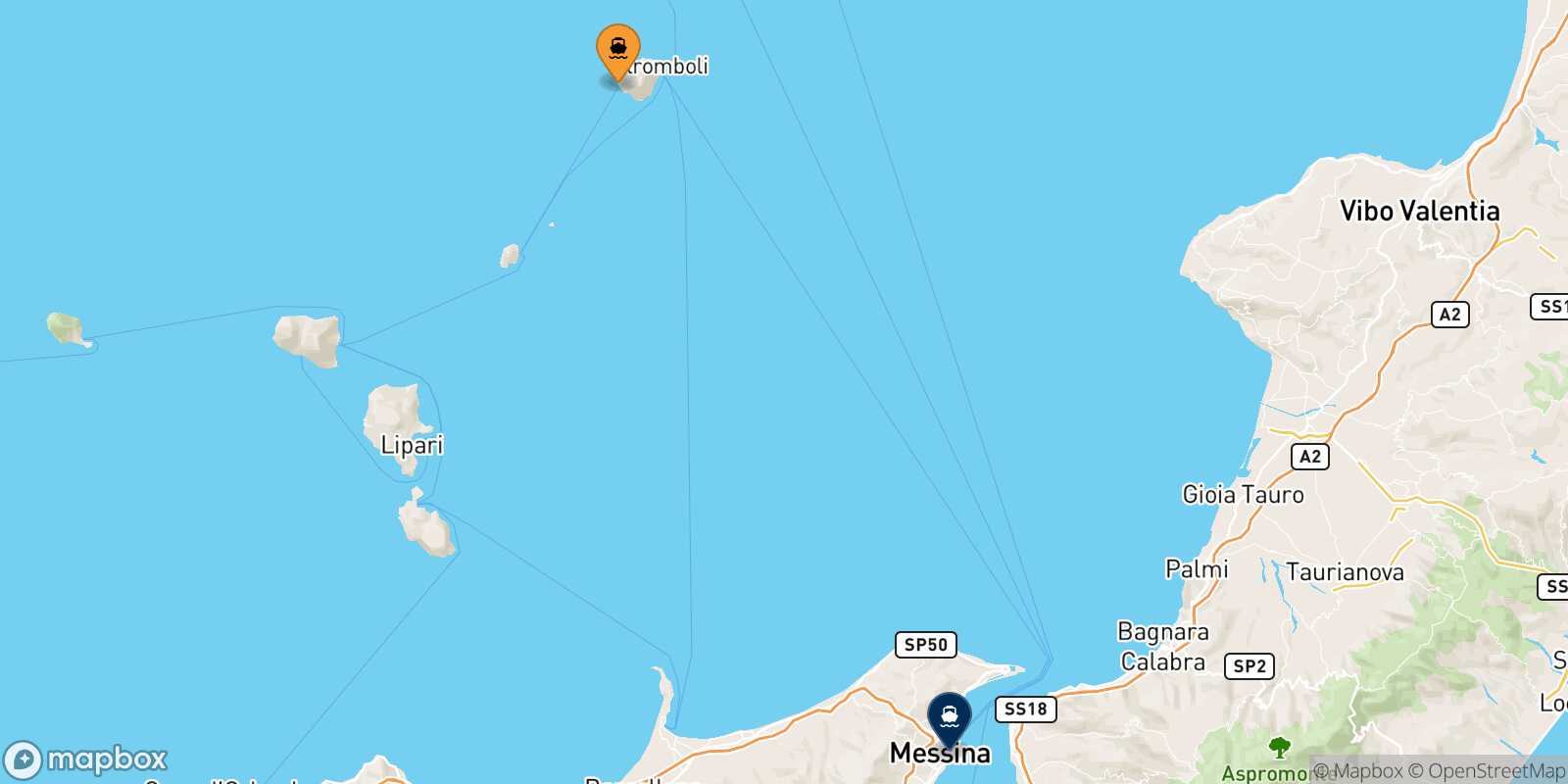Ginostra (Stromboli) Messina route map