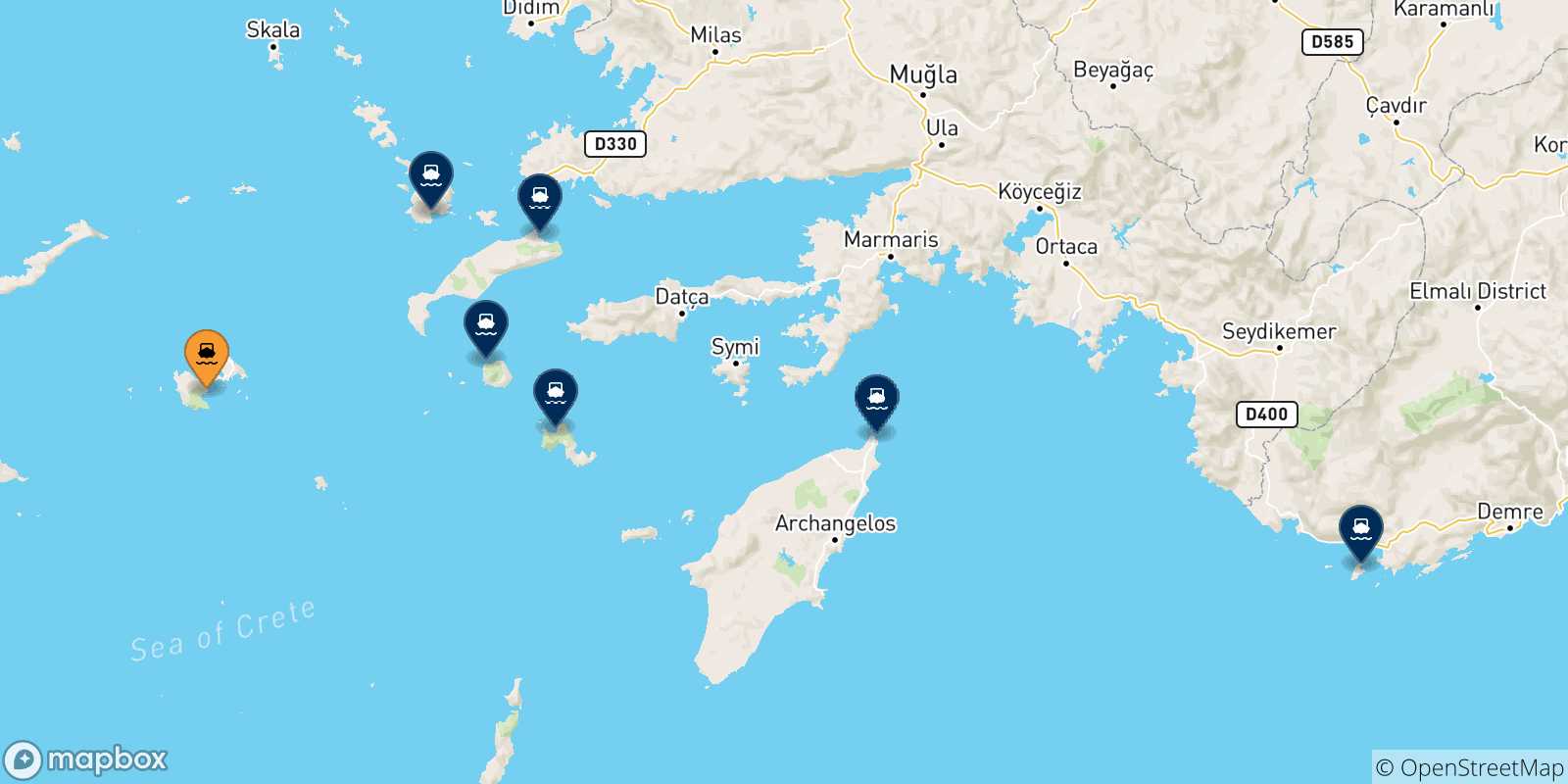 Map of the possible routes between Astypalea and Dodecanese Islands