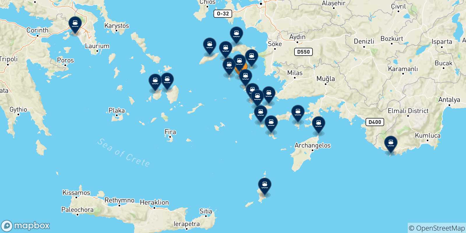 Map of the possible routes between Lipsi and Greece