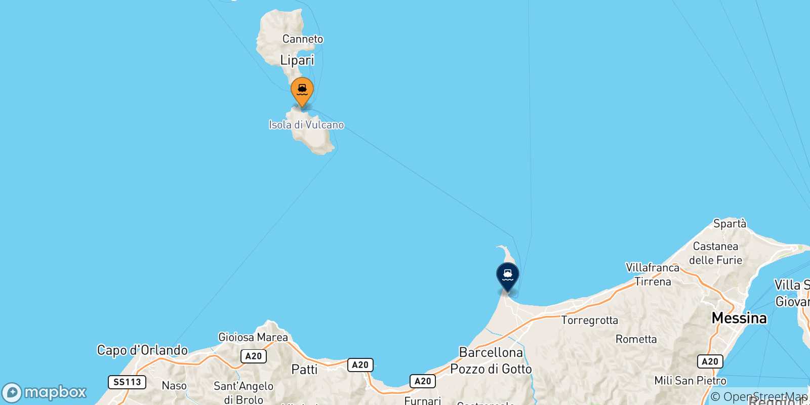 Map of the possible routes between Vulcano and Sicily