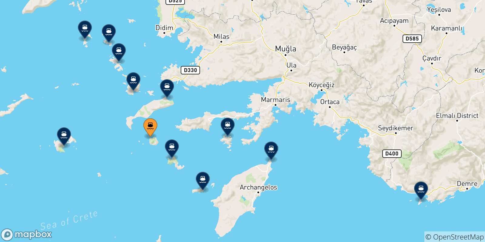 Map of the possible routes between Nisyros and Dodecanese Islands
