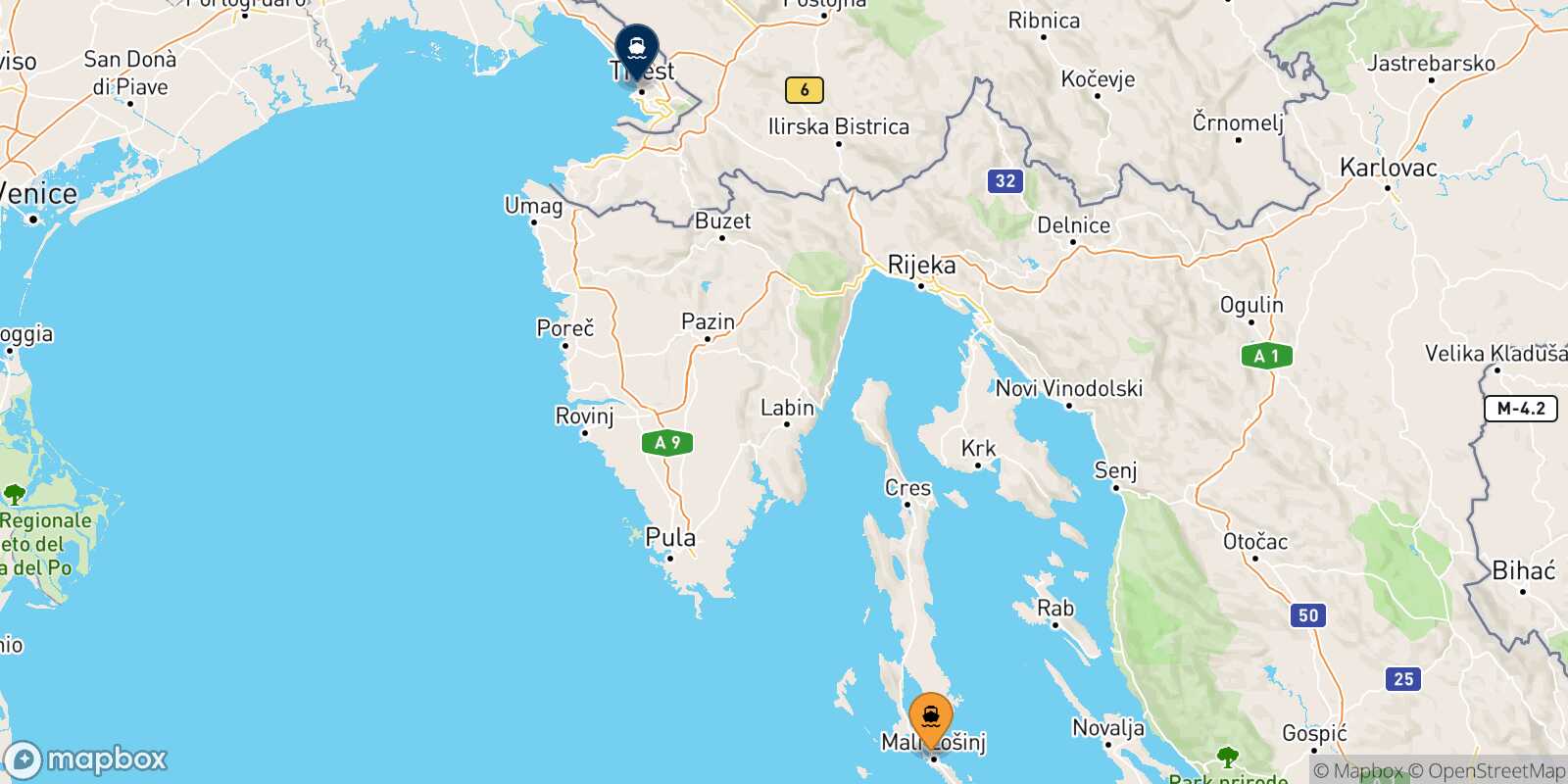 Mali Losinj Trieste route map