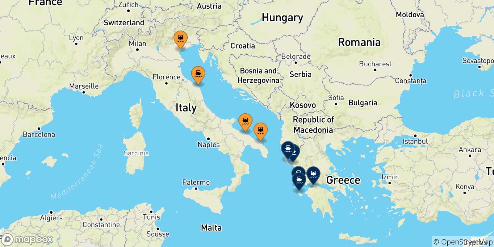 Map of the possible routes between Italy and Greece
