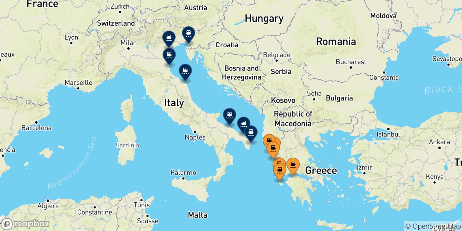 Map of the possible routes between Greece and Italy