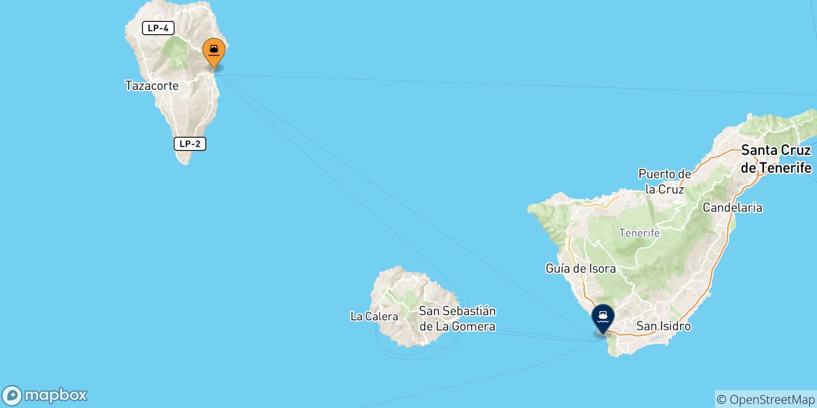 Map of the possible routes between Santa Cruz De La Palma and Spain
