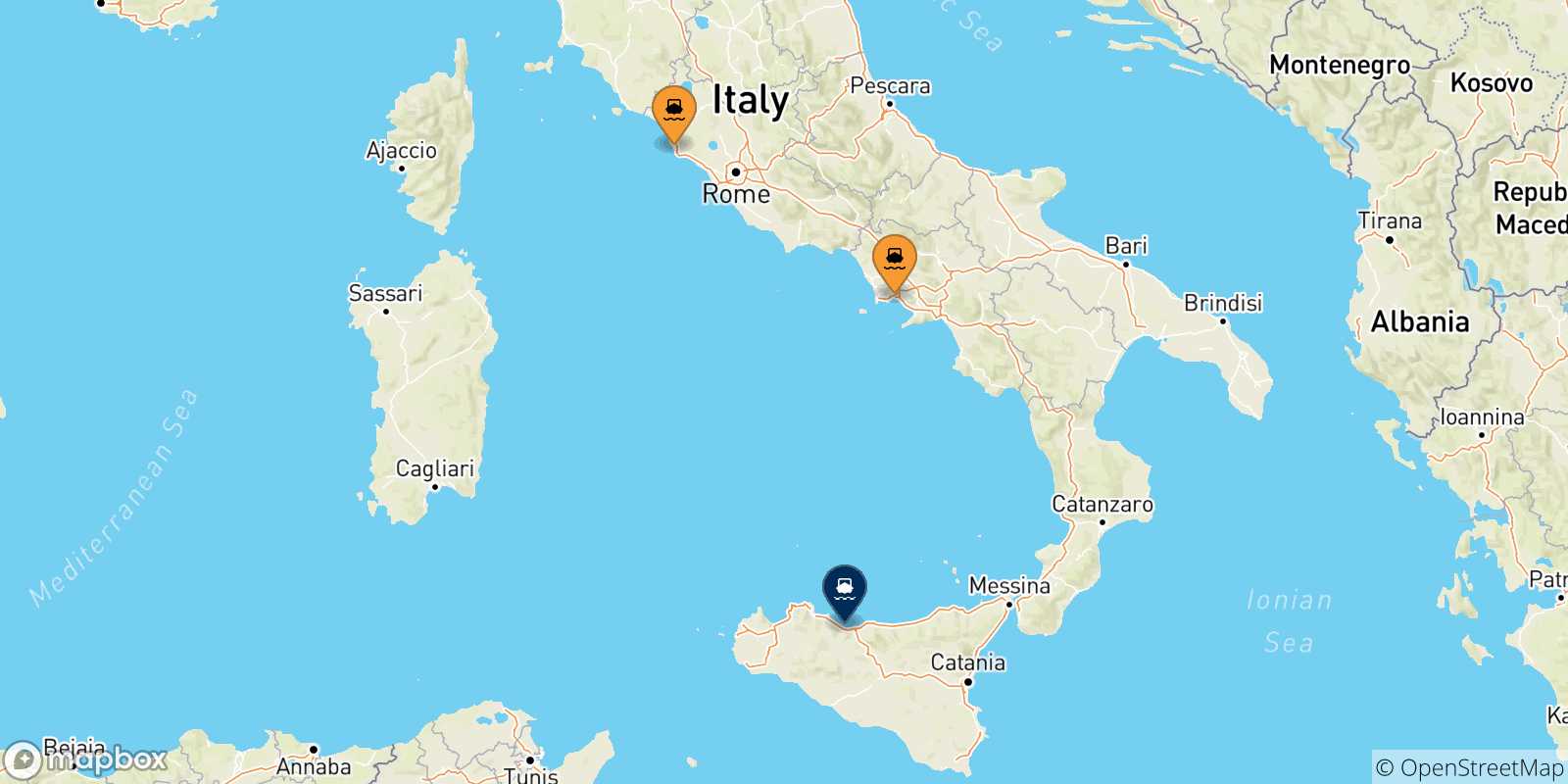 Map of the possible routes between Italy and Termini Imerese