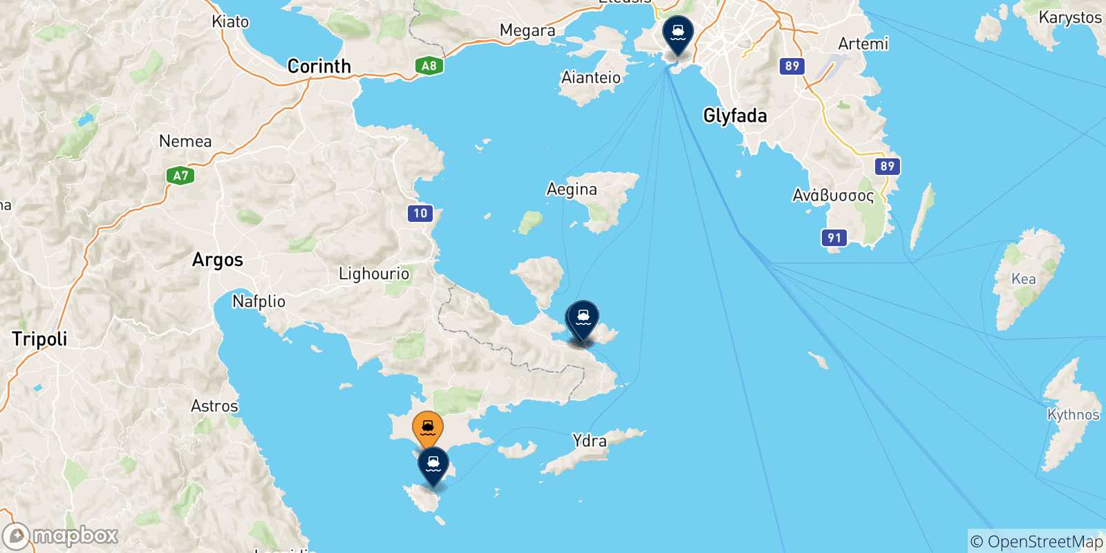 Map of the possible routes between Porto Heli and Greece