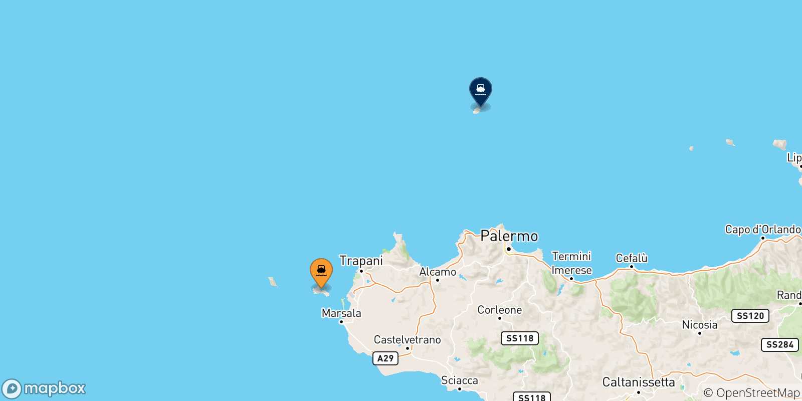 Map of the possible routes between Aegadian Islands and Ustica