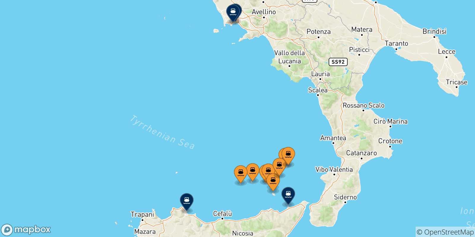 Map of the possible routes between Aeolian Islands and Italy