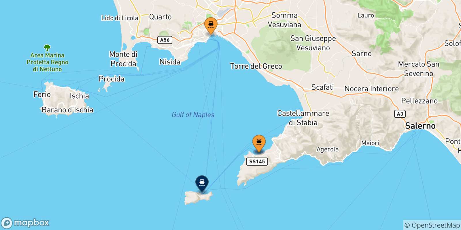 Map of the possible routes between Italy and Capri