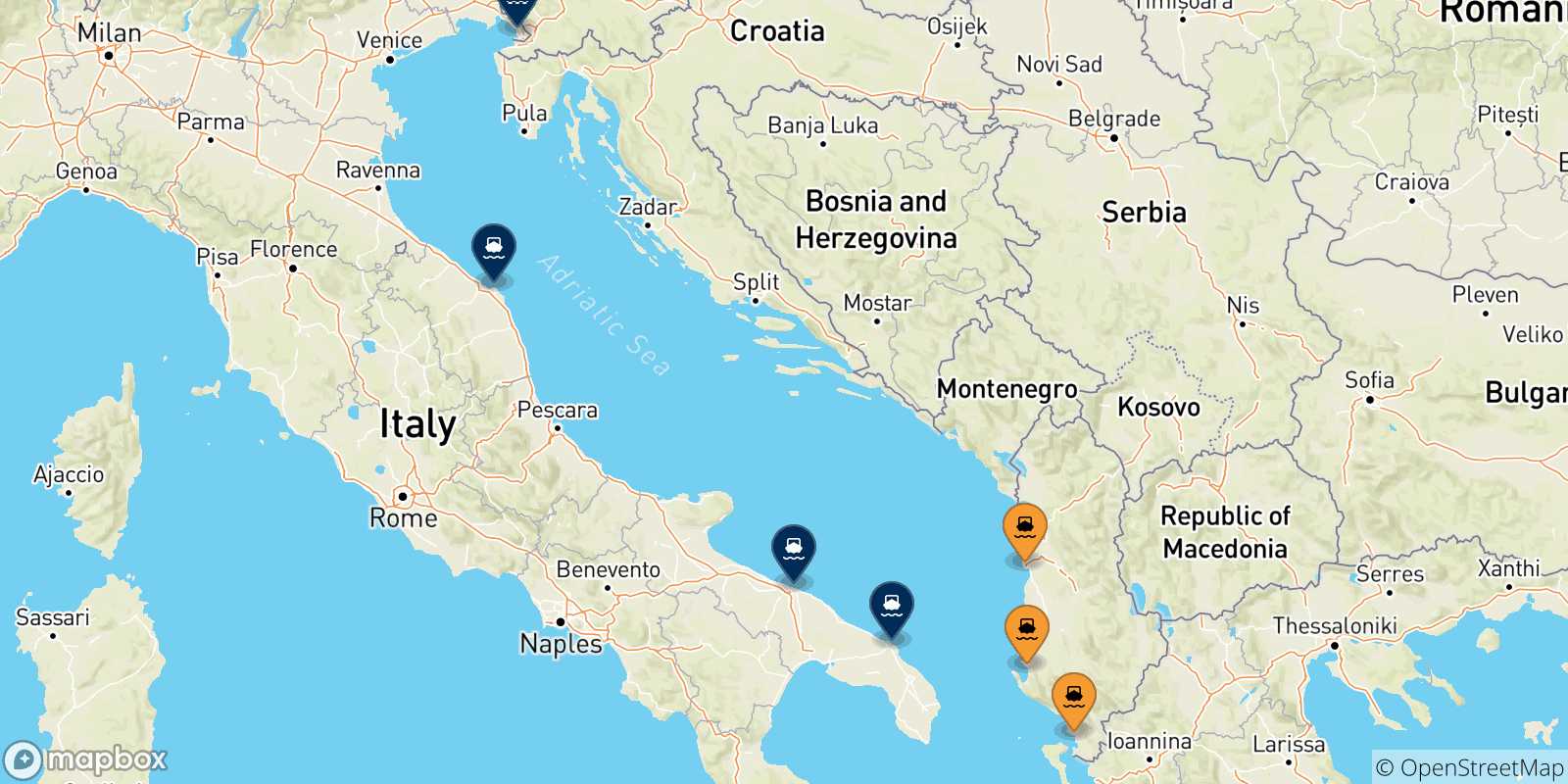 Map of the possible routes between Albania and Italy